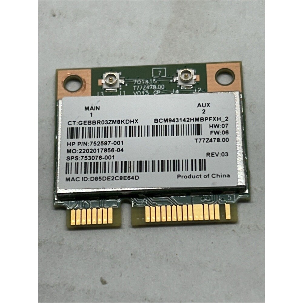 HP 752597-001 802.11n Mini PCI-Express Wireless Wi-Fi And BlueTooth Card